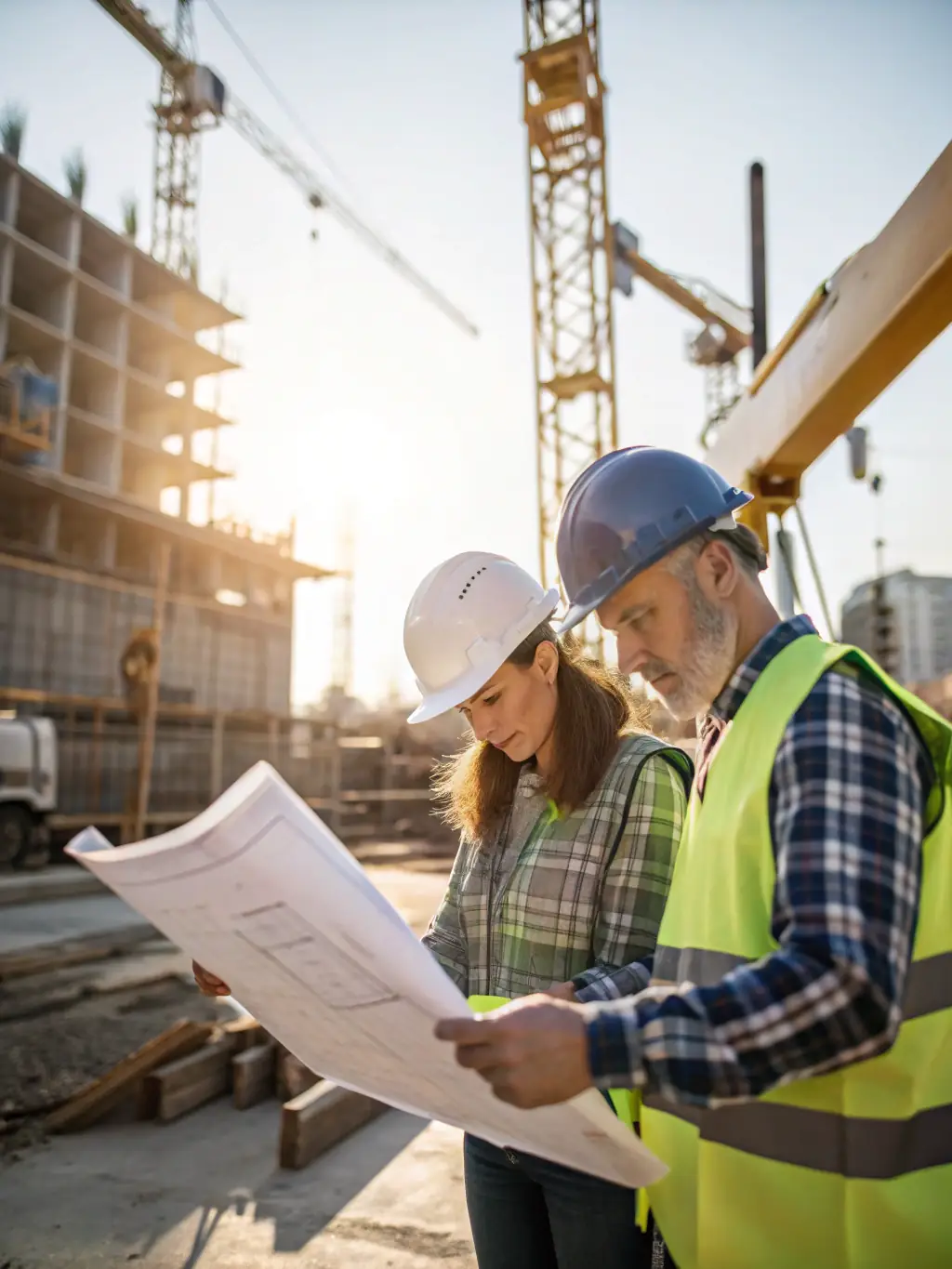 A dynamic architect and client reviewing digital blueprints on a tablet at a construction site, with cranes and scaffolding in the background, illustrating innovative project management.