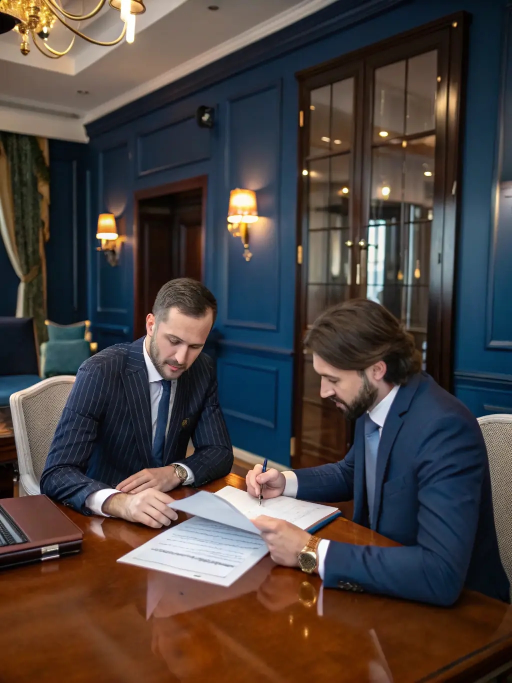 A personalized consultation scene with a Manoobra.es expert showing material samples to a couple in a cozy, sunlit office, highlighting tailored service.