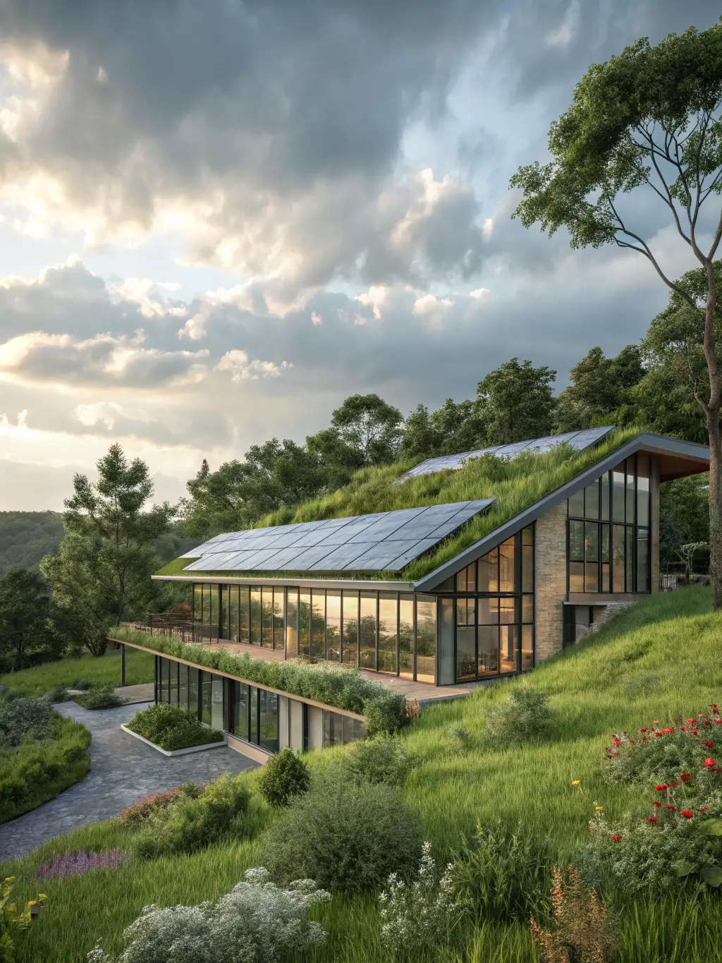 A modern, eco-friendly building facade with lush vertical gardens and solar panels, representing Manoobra.es’s commitment to sustainable construction.