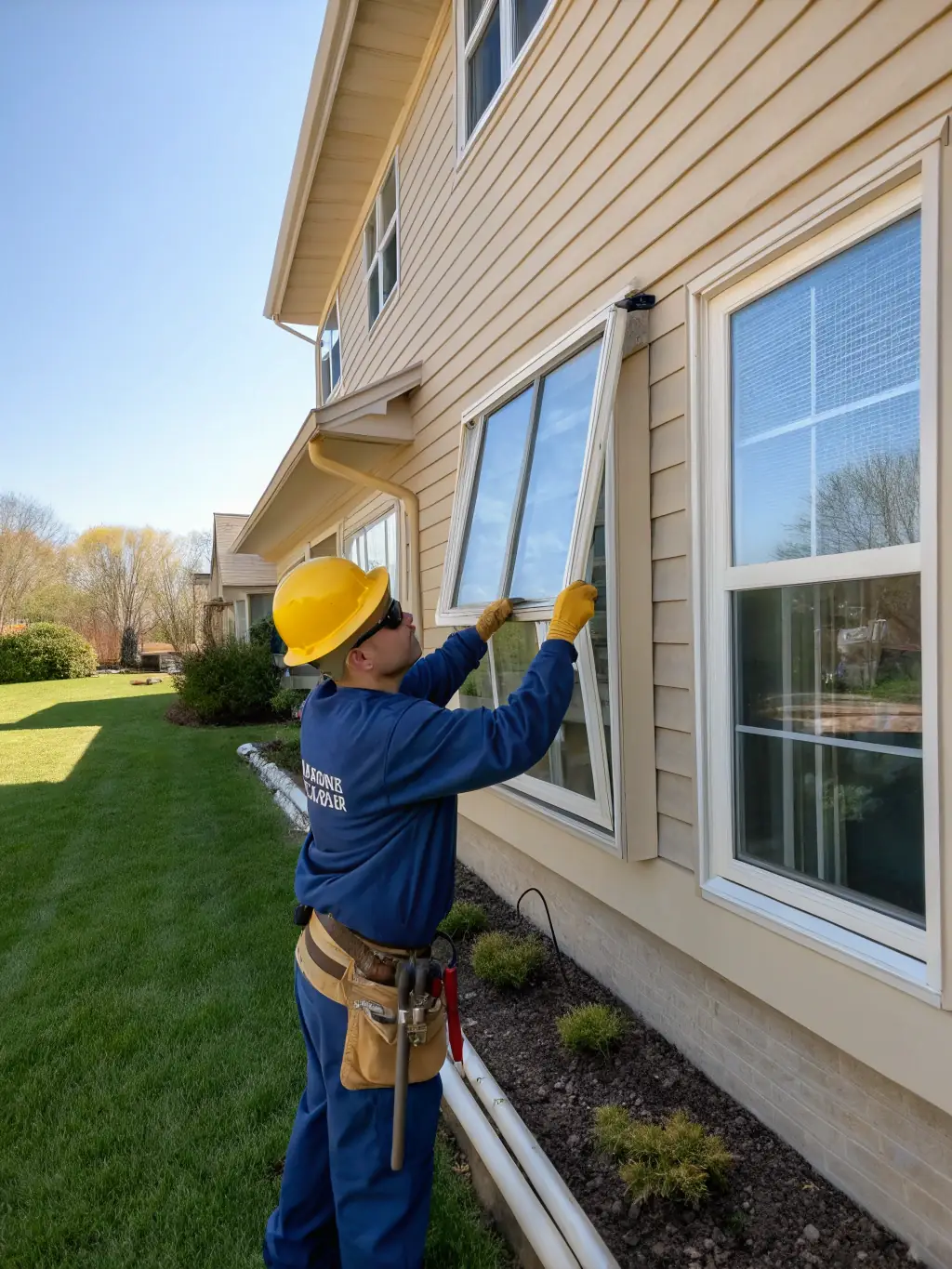 A skilled Manoobra.es craftsman carefully inspecting the alignment of a newly installed window frame in a bright, modern residential interior, emphasizing attention to detail and quality assurance.