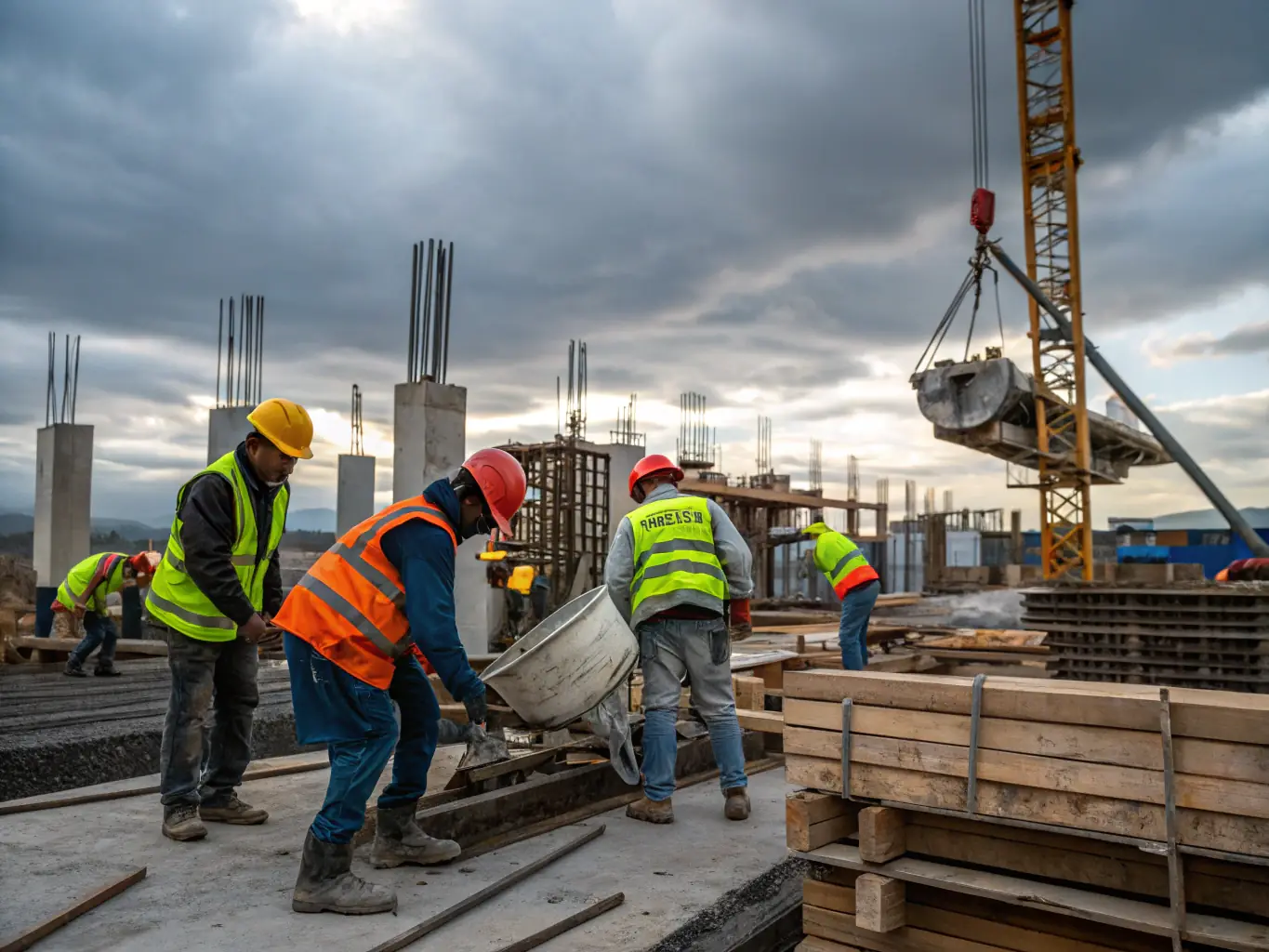A vibrant image of skilled construction workers collaborating on a modern residential building site, with scaffolding and high-quality materials visible, representing Manoobra.es's commitment to quality workmanship.