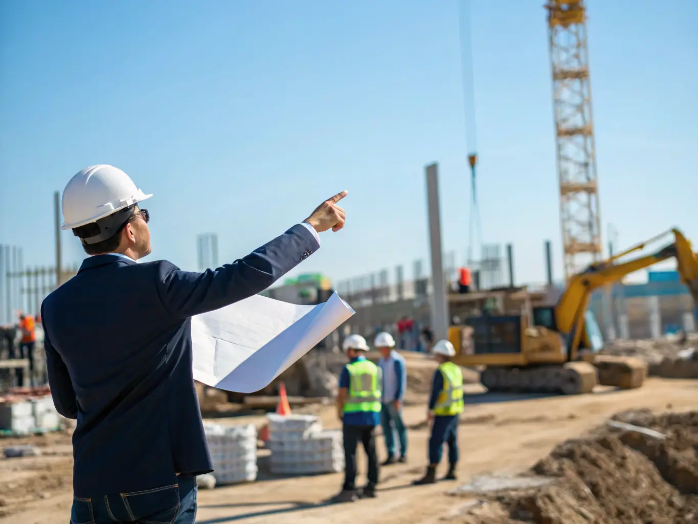 A dynamic image of a project manager reviewing blueprints with a client on-site, both smiling, with visible progress and organized tools, symbolizing Manoobra.es's punctuality and client-focused approach.